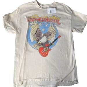 Aerosmith Eagle Guitar Graphic T Shirt Cream Short‎ Sleeve Cotton Size Medium